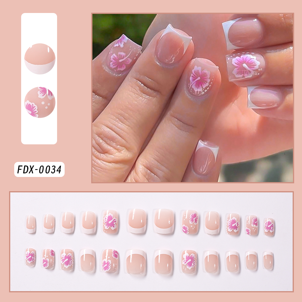 24Pcs 프랑스어 꽃 거짓 손톱 핑크 히비스커스 디자 - Pressed Flower Art 리뷰 및 가격