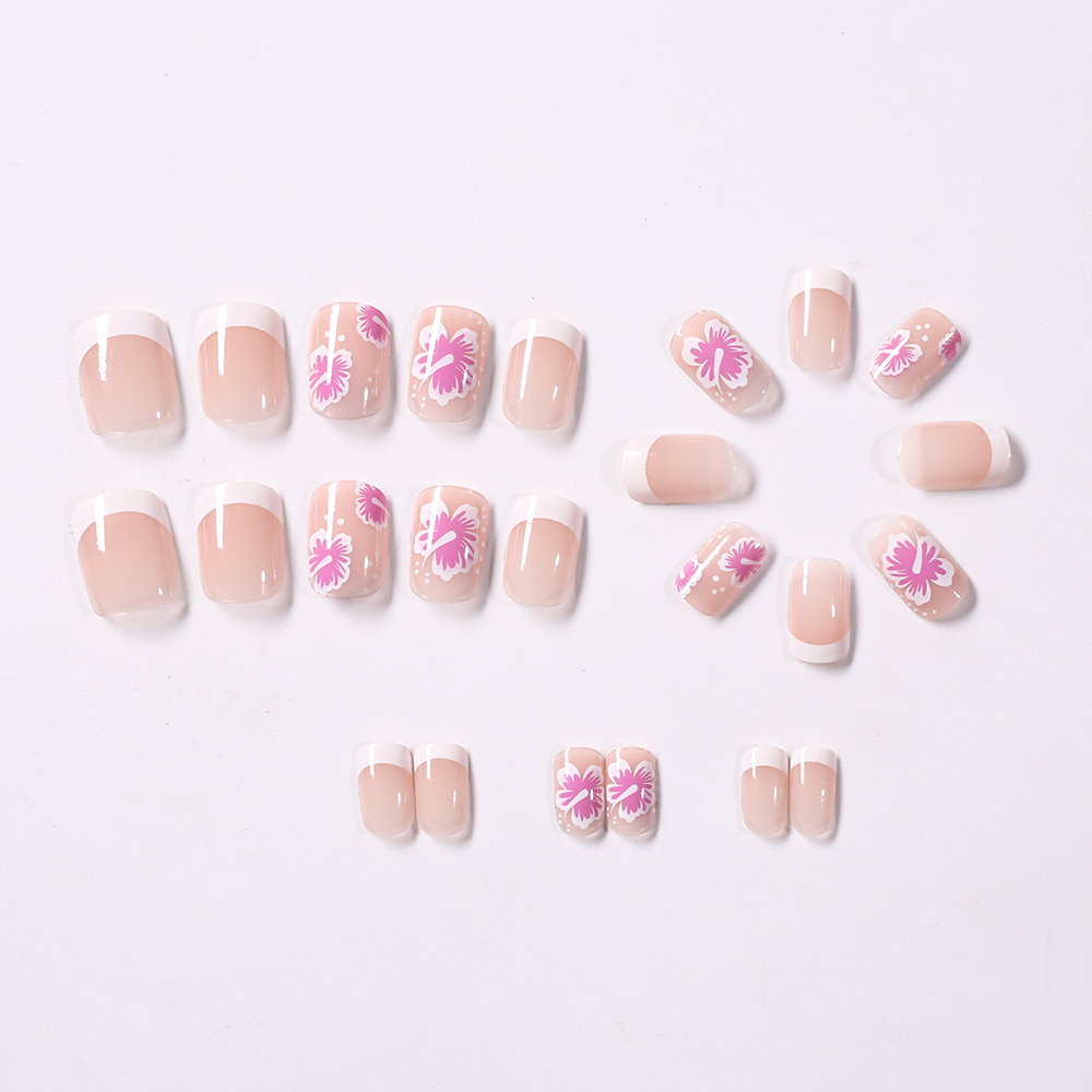 24Pcs 프랑스어 꽃 거짓 손톱 핑크 히비스커스 디자 - Pressed Flower Art 리뷰 및 가격